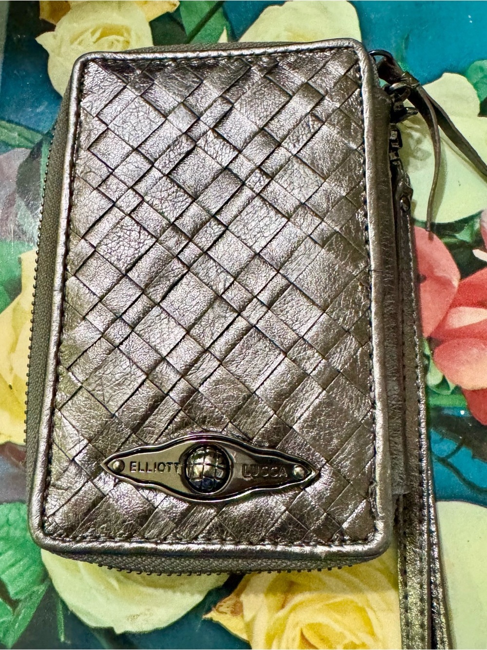 Elliott Lucca Metallic Silver Woven Zip Phone Wallet